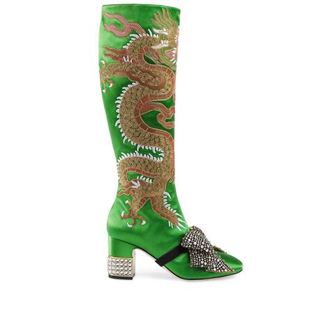 Gucci Dragon Satin Mid Heel Knee Boot In Green Lyst