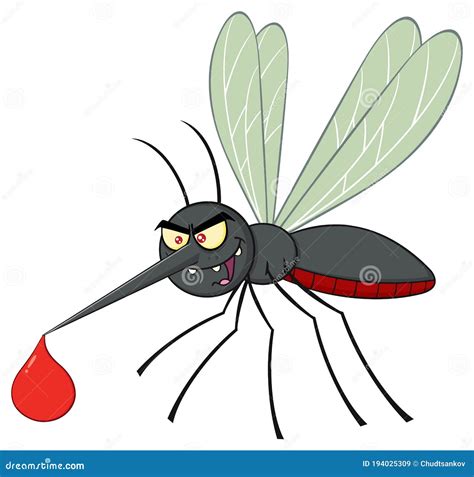 Angry Mosquito Cartoon Character Flying With Blood Drop Stock Vector