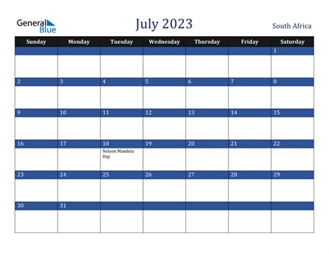 July 2023 Calendar With South Africa Holidays