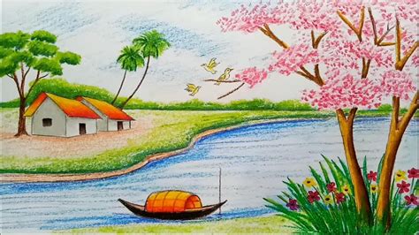 How to draw village scenery for beginners _ oil pastel _ easy drawing for kids ( 275). How to draw landscape / scenery of spring season with oil ...