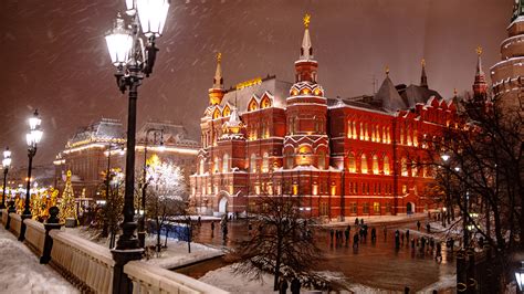 Picture Moscow Russia Winter Evening Street Lights Houses 1920x1080