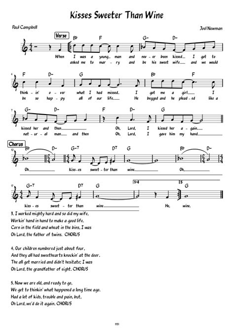 Kisses Sweeter Than Wine Lead Sheet With Lyrics Sheet Music For Piano Solo