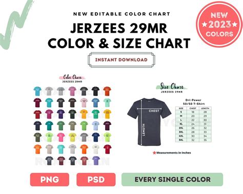 Jerzees 29mr Color Chart Digital File Color And Size Chart Etsy