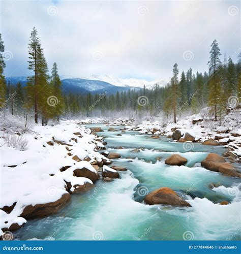 A Turquoise River Running Through A Wintery Mountain Forest And Trees