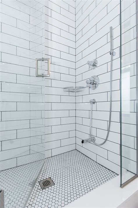 Classic White Subway Tiled Shower With Soho 4x16 Glossy Tile 1x1 Hex