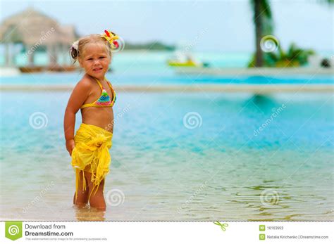 Toddler Pretty Girl In Bikini Standing On Tropical Stock Image Image