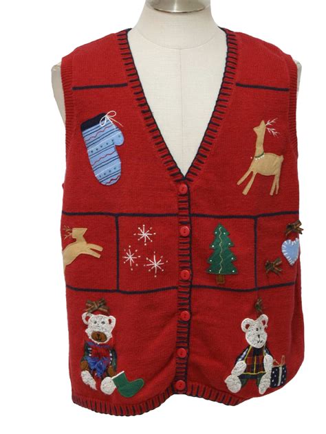 bear riffic ugly christmas sweater vest capacity unisex red background ramie cotton blend