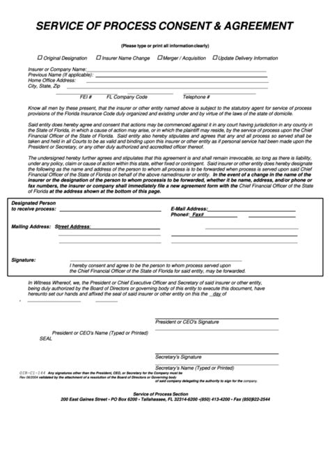 Form Oir C1 144 Service Of Process Consent And Agreement Florida