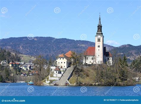 Church With A High Bell Toweron Lake Bled In Slov Stock Image Image