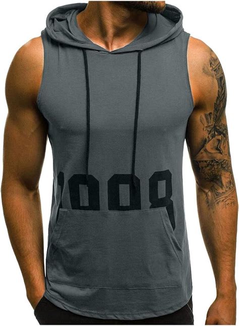 Men Hooded Tank Tops Sleeveless Print Fitness Muscle Sweatshirt Fitness