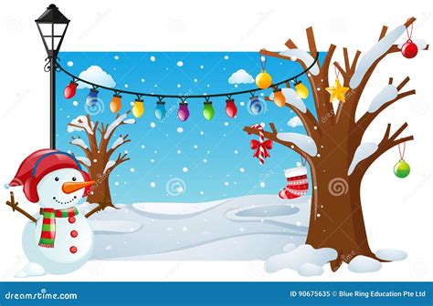 Winter Scene With Snowman And Lights Stock Vector Illustration Of