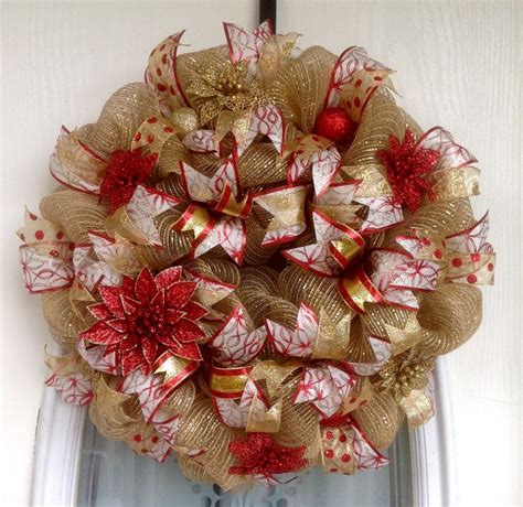 22 Burlap With Gold Stipe Deco Mesh Christmas Wreath With Red And Gold