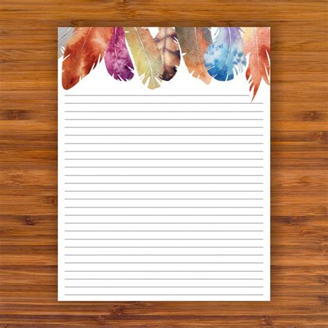 Printable Lined Writing Paper Colorful Feathers A4 85x11 Etsy