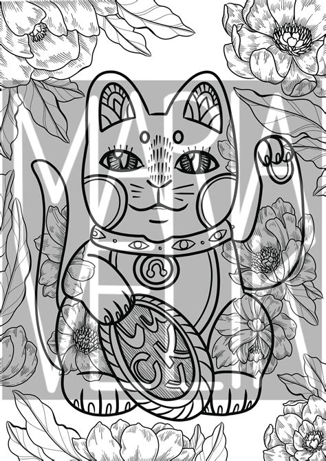 Maneki Neko Cat Coloring Page Or Print Etsy