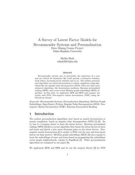 PDF A Survey Of Latent Factor Models For Recommender Systems And Personalization