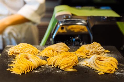 Homemade Piles Of Fresh Egg Spaghetti Pasta That Powdering Flour To
