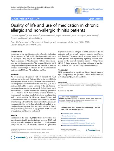 Pdf Quality Of Life And Use Of Medication In Chronic Allergic And Non
