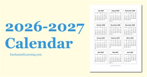 2026 2027 School Year One Page Calendar Enchanted Learning