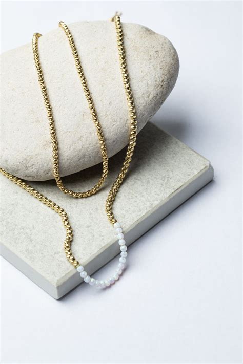 Gold Beaded Necklace White Opal Necklace Gold Plated Etsy Israel