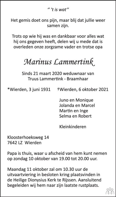 Marinus Lammertink 06 10 2021 Overlijdensbericht En Condoleances