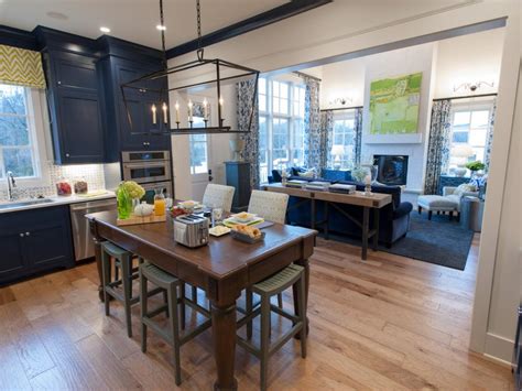 Blue Transitional Kitchen With Farm Table Island Hgtv
