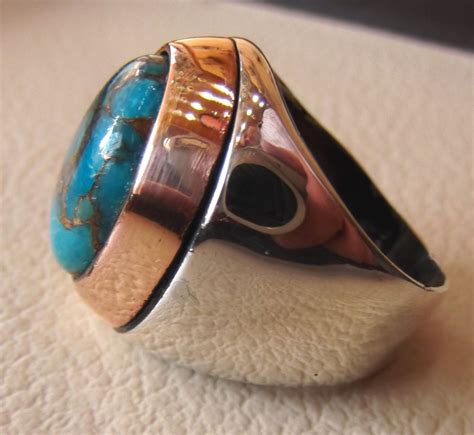 Copper Turquoise Natural Stone Men Sterling Silver 925 Ring Etsy