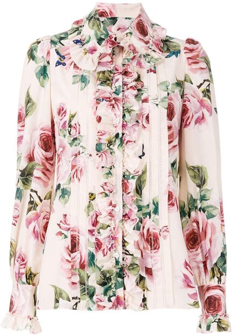 Dolce Gabbana Ruffled Rose Printed Blouse Classy Work Outfits
