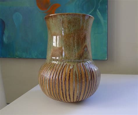 Mid Century Modern Art Pottery Vase Signed Sgraffito Design Etsy