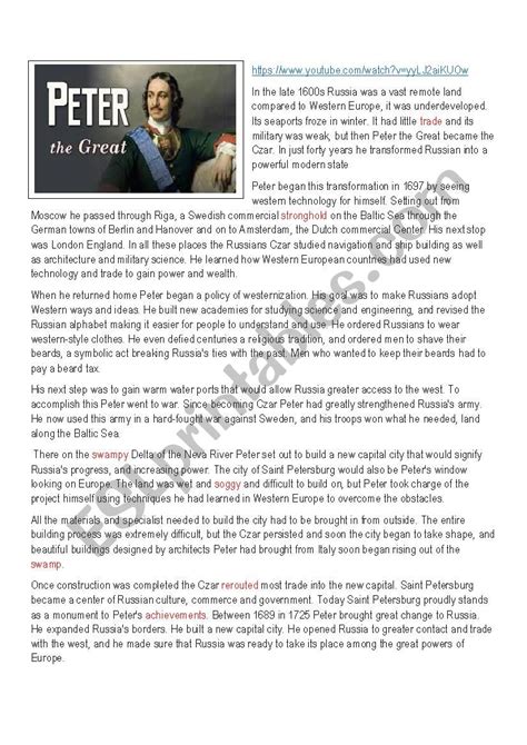 Peter The Great Biography Esl Worksheet By Richardtucker