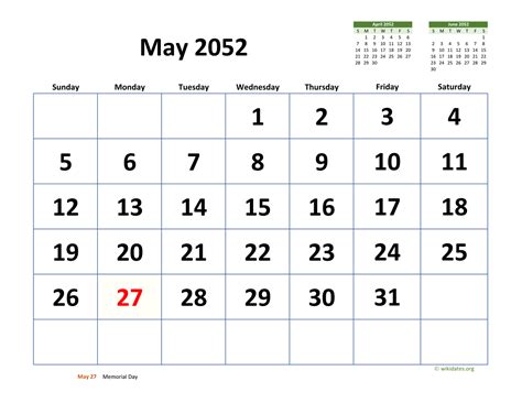 May 2052 Calendar With Extra Large Dates