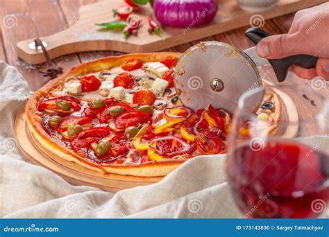 Delicious Fresh Pizza Served On Wooden Table Stock Photo Image Of