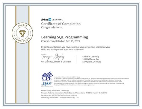 Certificate Of Completion Learning Sql Programming