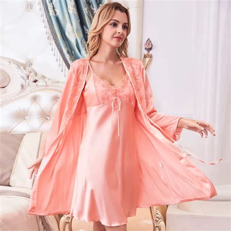 Womens Sleepwear Pajamas Satin Silk Sling Nightdress Nightgown Two