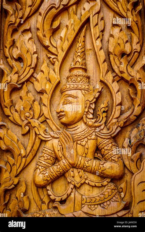 Traditional Thai Art In Wood Carving For Decoration On Buddhist Temple
