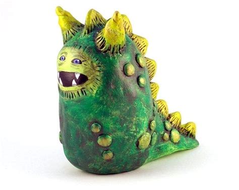 Hand Made Clay Dragon Sculpture Green Gold Yellow Painted Polymer Clay