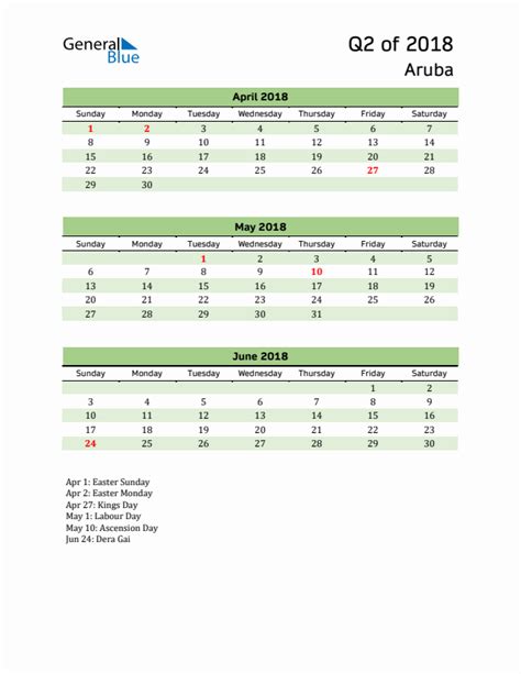 Q2 2018 Quarterly Calendar With Aruba Holidays