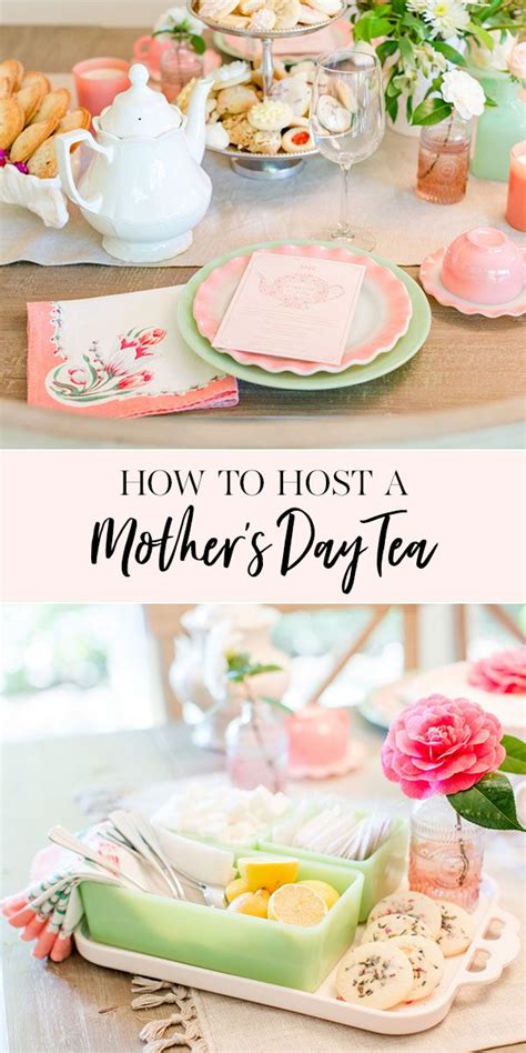 Mothers Day Tea Party With Pink Flowers And Green Plates