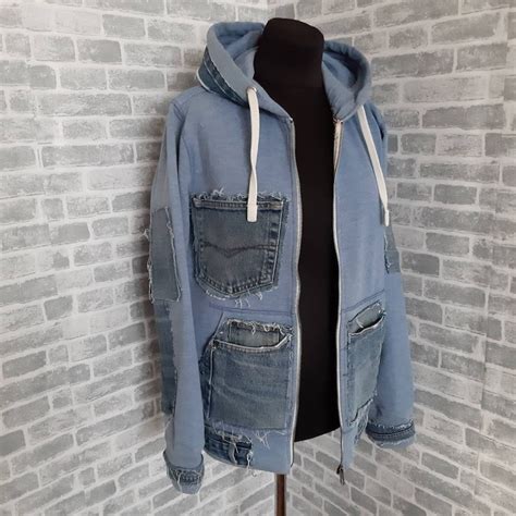 Blue Hoodie With Jeans Pockets And Patches Unisex Sweatshirt Etsy
