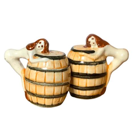 Vintage Naked Pin Up Ladies Over Whiskey Barrel Salt And Pepper Shakers