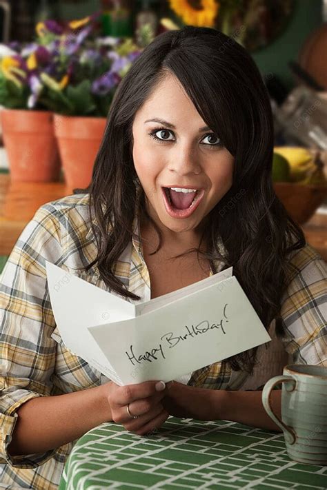 Beautiful Latina Woman With Birthday Card Plaid Smile Mexican Photo Background And Picture For