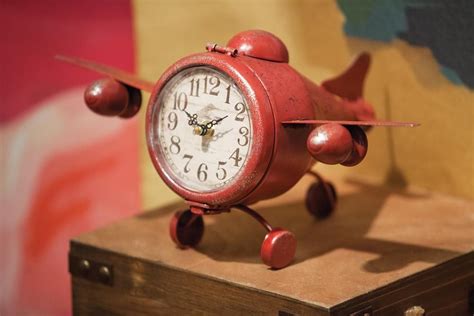 Vintage Inspired Red Distressed Airplane Clock Metal 145 X 85 X 75