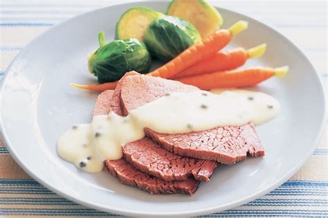 Originally, beef wellington was made using a large beef tenderloin that was topped with pate de foie gras. Corned Beef With Peppercorn White Sauce Recipe - Taste.com.au