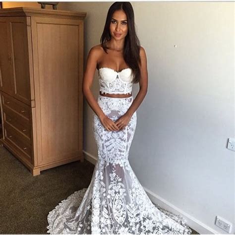 Sexy White Crop Top Two Piece Prom Dresses 2016 See Through Strapless