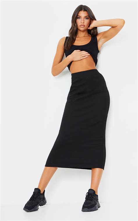 Black Midi Ribbed Skirt Skirts Prettylittlething Aus