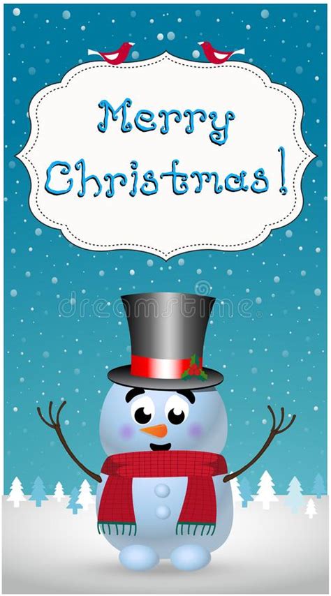 Merry Christmas Greeting Card Of Cute Cartoon Cheerful Snowman Stock