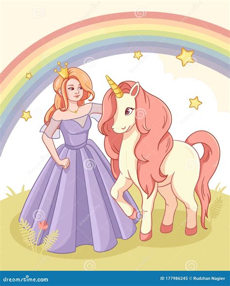 Greeting Card With Cute Princess And Unicorn Stock Vector