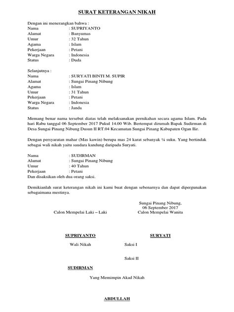 Surat Keterangan Menikah - Contoh Surat