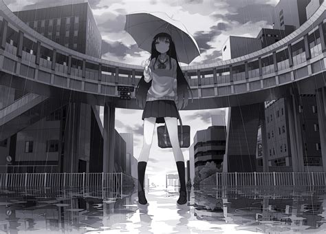 Wallpaper Gadis Anime Payung Hujan Karya Seni Seni Digital D Mogumo Seragam Sekolah