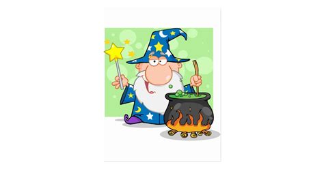 Funny Wizard Waving With Magic Wand And Preparing Postcard Zazzle
