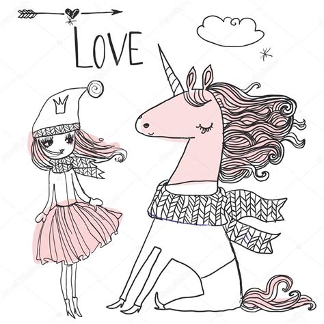 Doodle Princess With Unicorn — Stock Vector © Cofeee 128299514